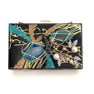 Black Acrylic Clutch with Blue Agate stones and Rhinestones, Pearls, Crystals